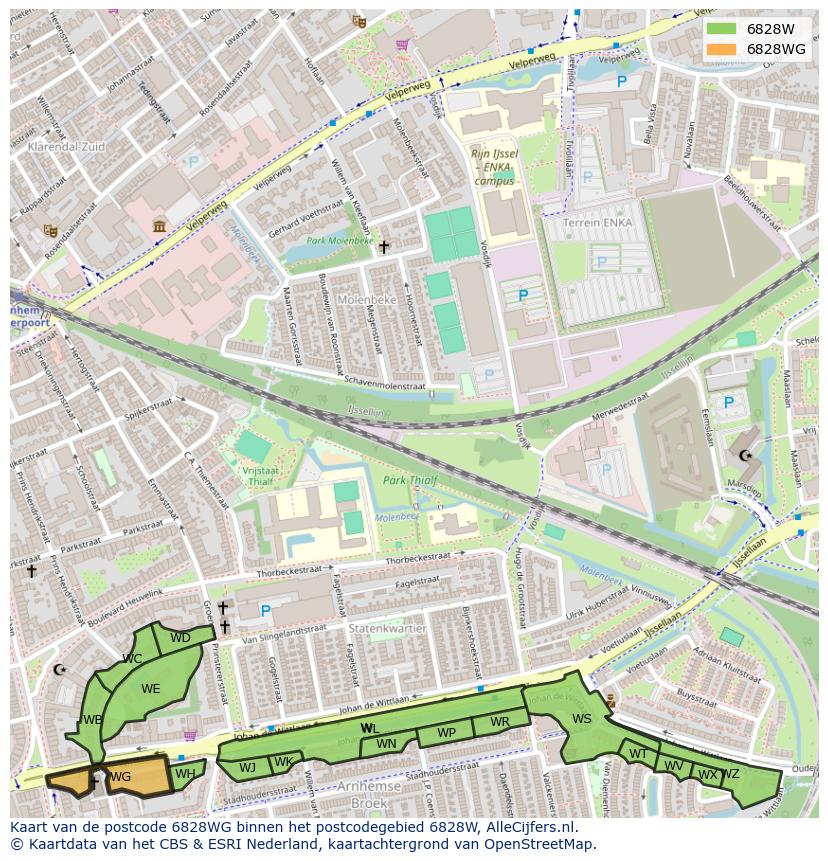 Afbeelding van het postcodegebied 6828 WG op de kaart.