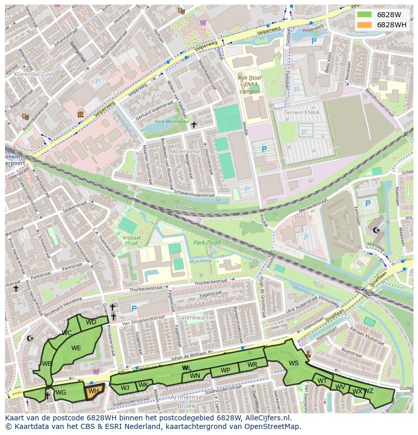 Afbeelding van het postcodegebied 6828 WH op de kaart.