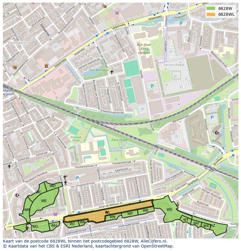 Afbeelding van het postcodegebied 6828 WL op de kaart.
