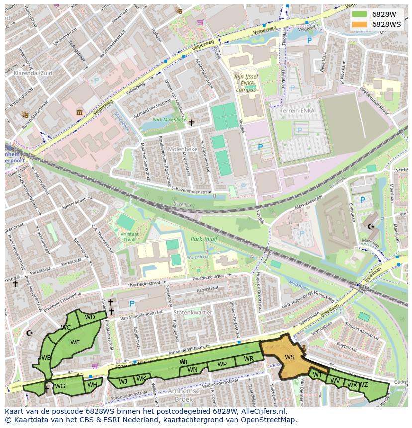 Afbeelding van het postcodegebied 6828 WS op de kaart.
