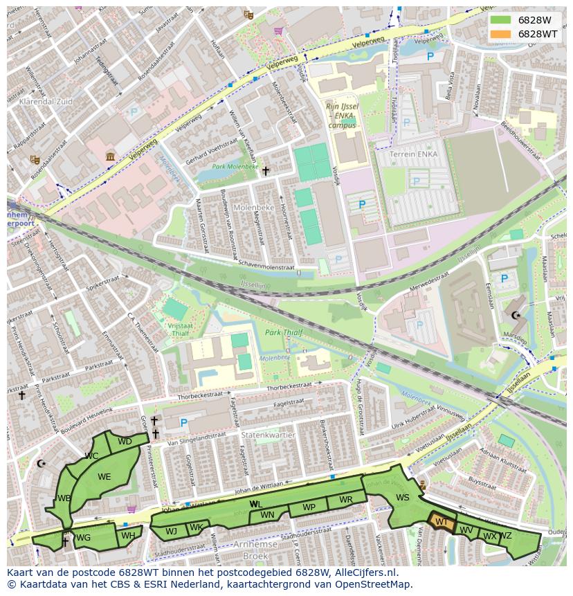 Afbeelding van het postcodegebied 6828 WT op de kaart.