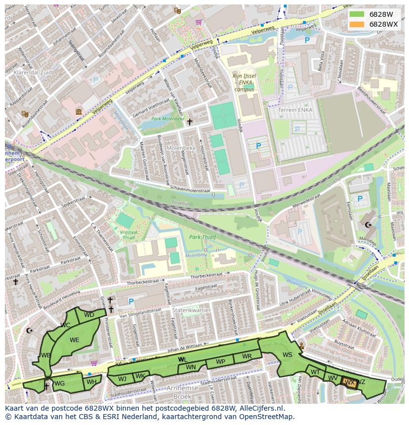 Afbeelding van het postcodegebied 6828 WX op de kaart.