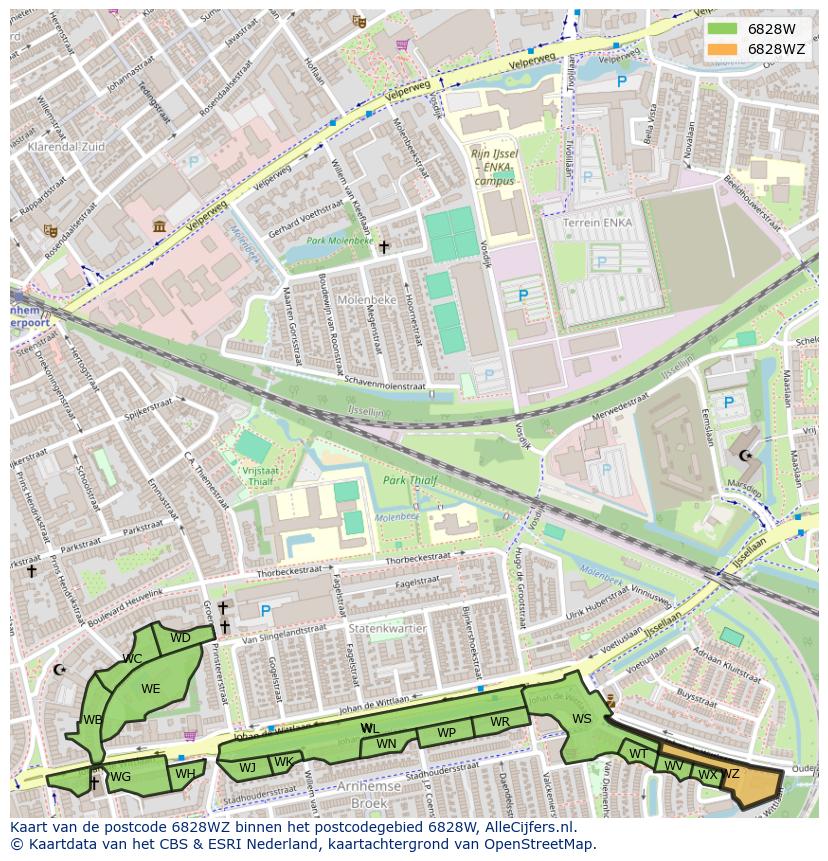 Afbeelding van het postcodegebied 6828 WZ op de kaart.