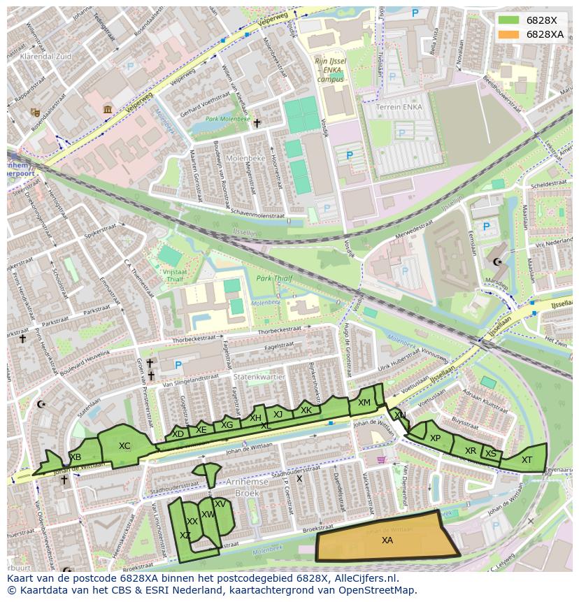 Afbeelding van het postcodegebied 6828 XA op de kaart.
