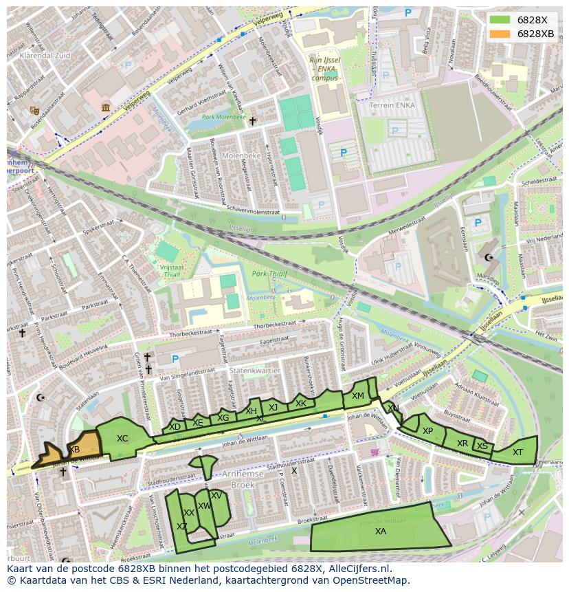 Afbeelding van het postcodegebied 6828 XB op de kaart.