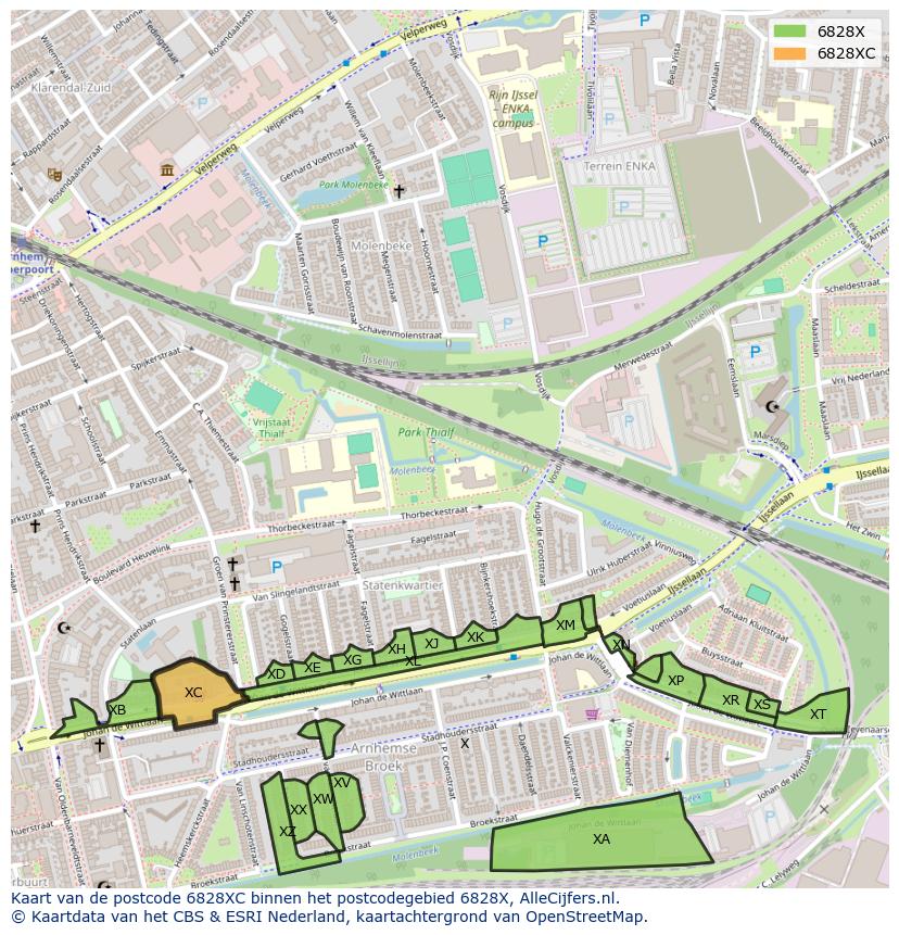 Afbeelding van het postcodegebied 6828 XC op de kaart.