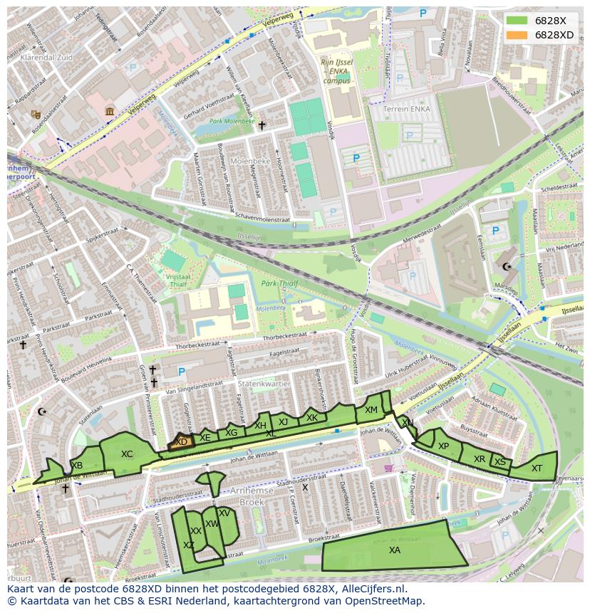 Afbeelding van het postcodegebied 6828 XD op de kaart.
