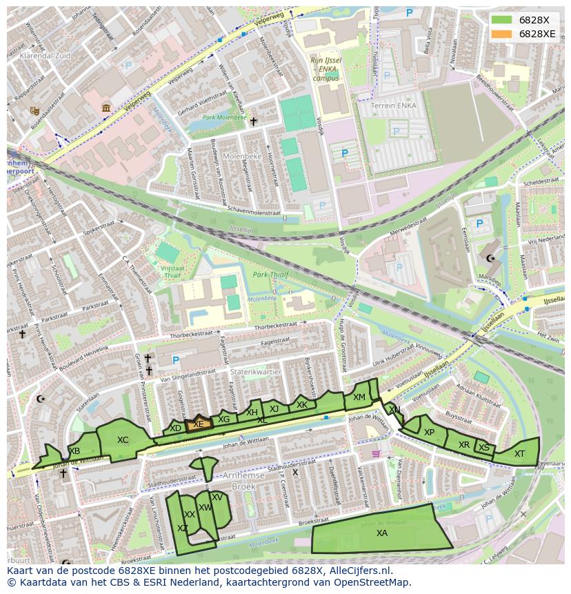 Afbeelding van het postcodegebied 6828 XE op de kaart.