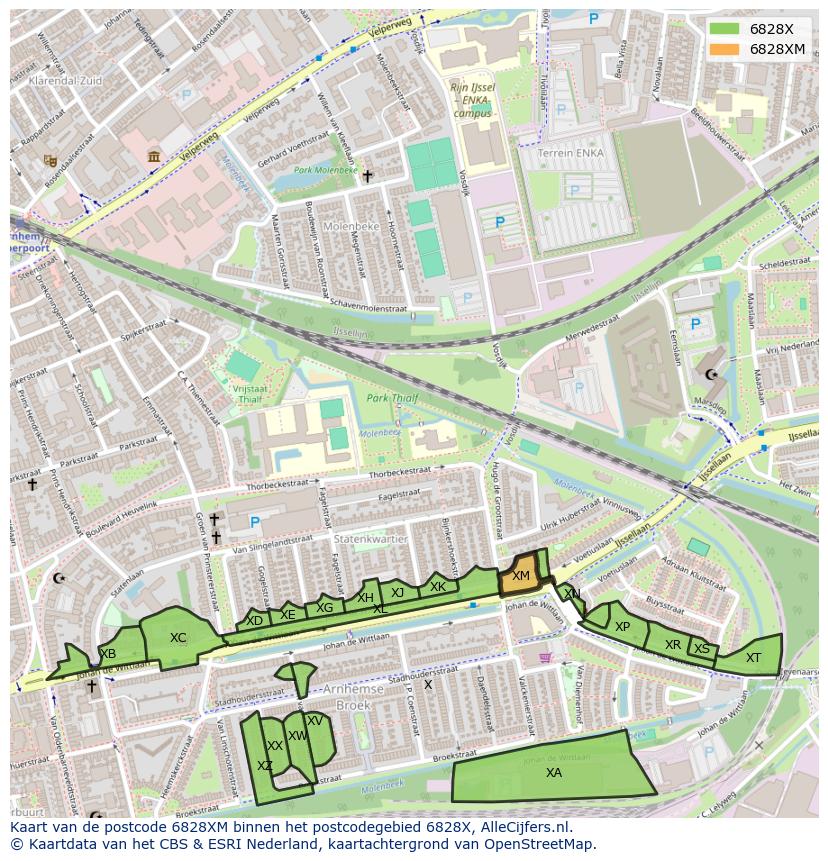 Afbeelding van het postcodegebied 6828 XM op de kaart.