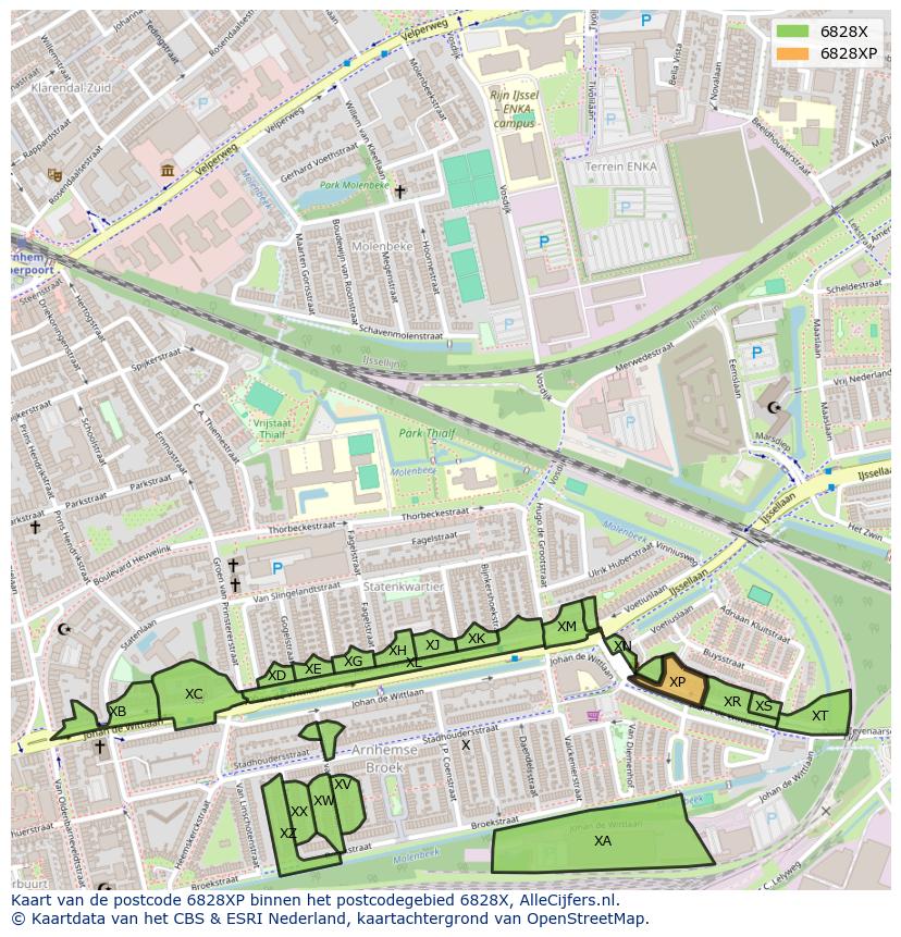 Afbeelding van het postcodegebied 6828 XP op de kaart.