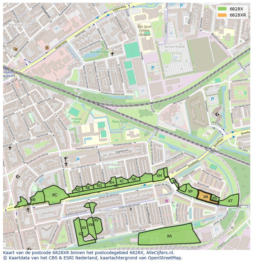 Afbeelding van het postcodegebied 6828 XR op de kaart.