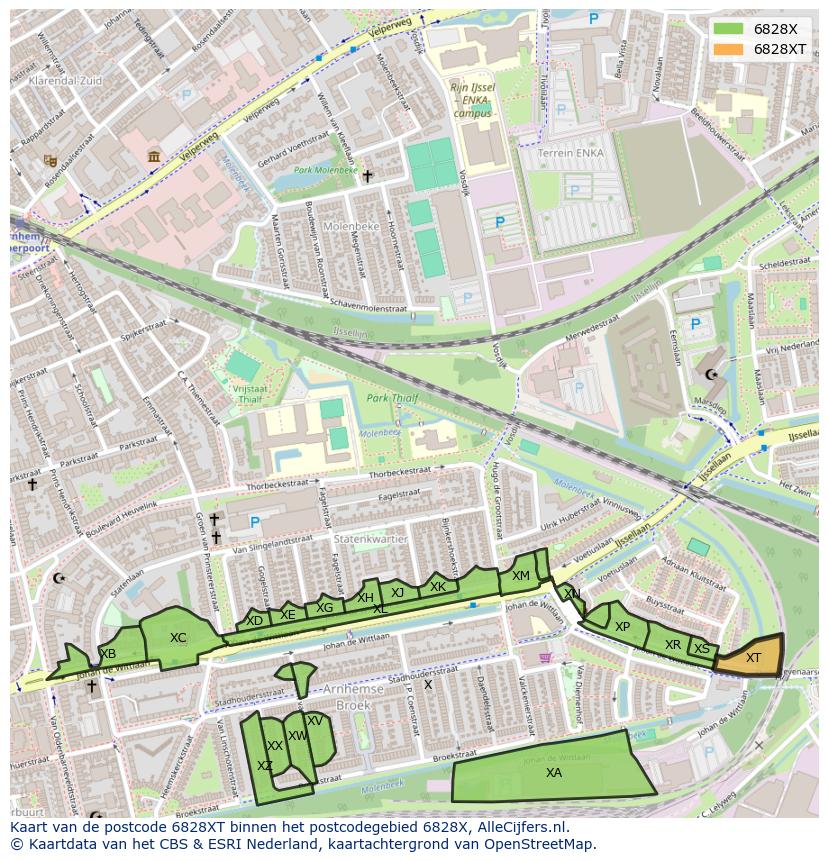 Afbeelding van het postcodegebied 6828 XT op de kaart.