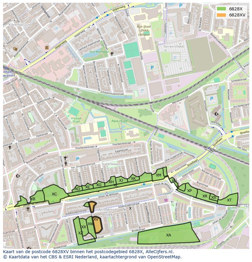 Afbeelding van het postcodegebied 6828 XV op de kaart.