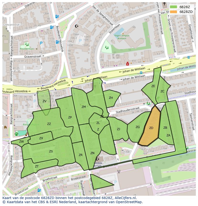 Afbeelding van het postcodegebied 6828 ZD op de kaart.