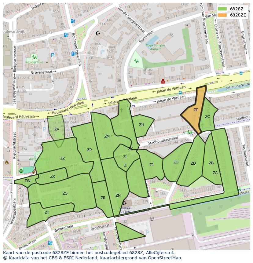 Afbeelding van het postcodegebied 6828 ZE op de kaart.