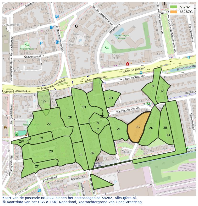 Afbeelding van het postcodegebied 6828 ZG op de kaart.