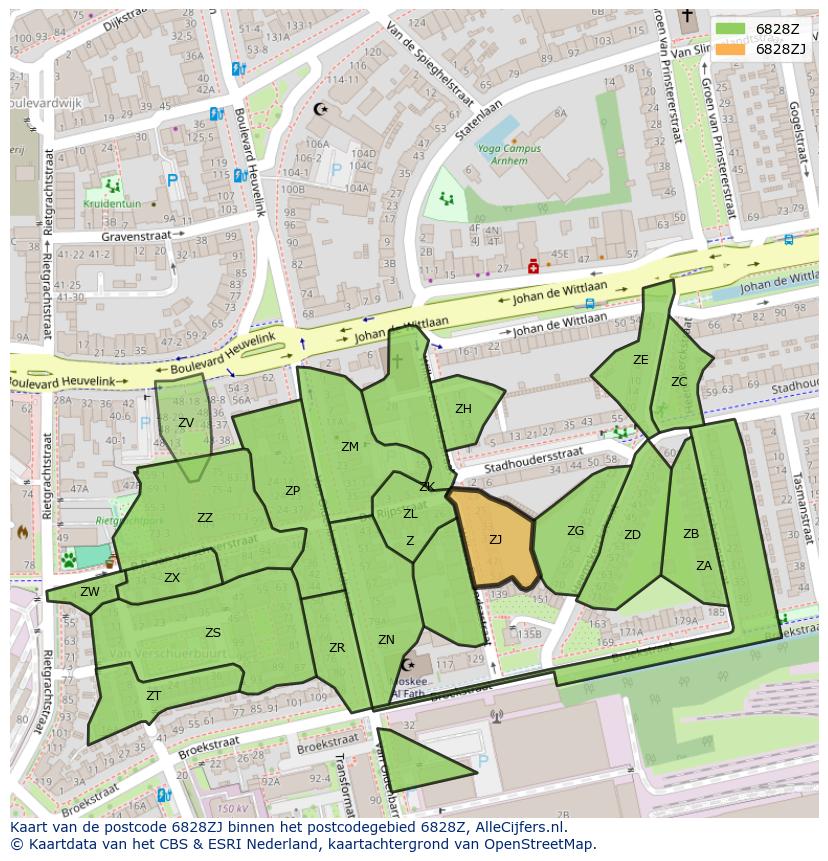 Afbeelding van het postcodegebied 6828 ZJ op de kaart.