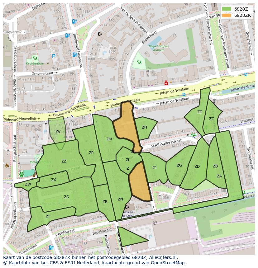 Afbeelding van het postcodegebied 6828 ZK op de kaart.