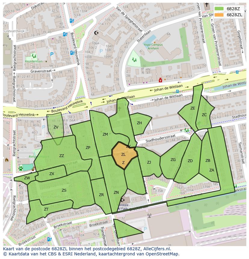 Afbeelding van het postcodegebied 6828 ZL op de kaart.