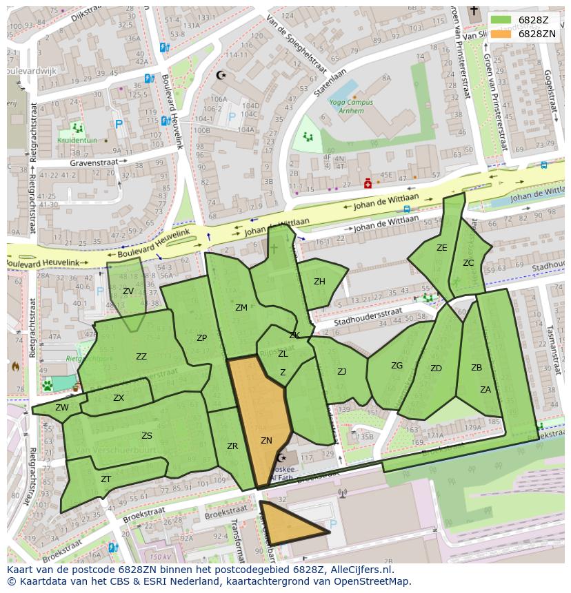 Afbeelding van het postcodegebied 6828 ZN op de kaart.