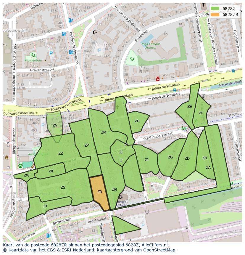 Afbeelding van het postcodegebied 6828 ZR op de kaart.