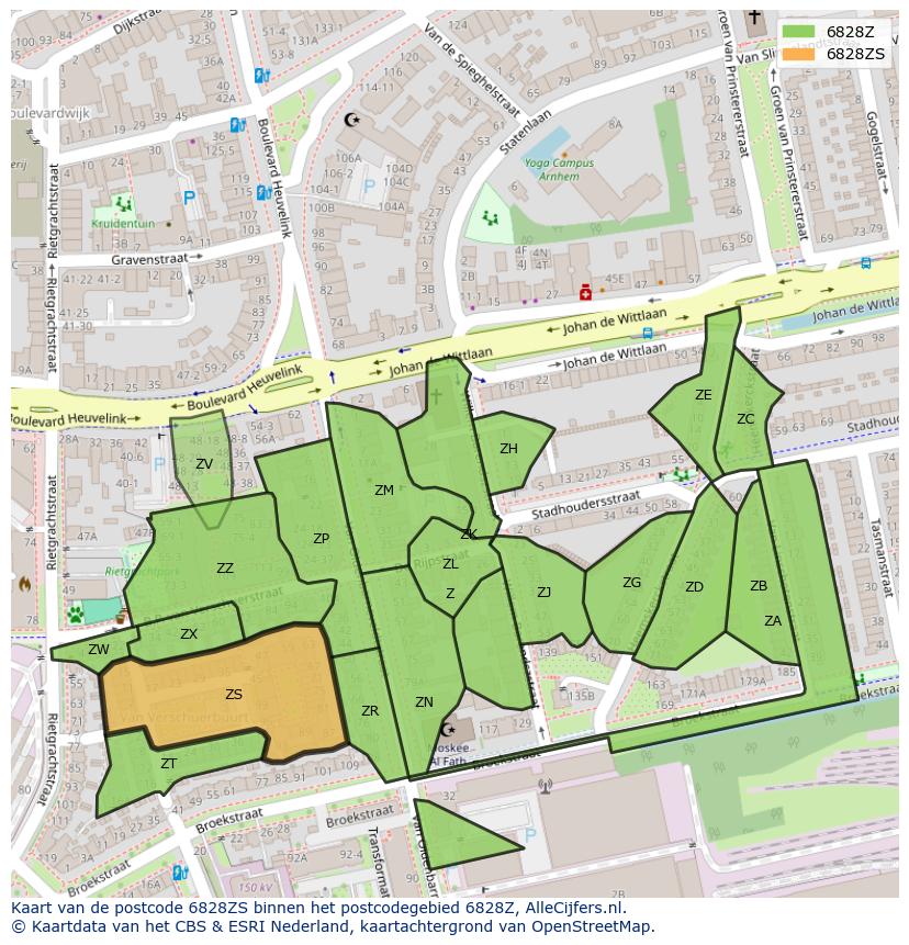 Afbeelding van het postcodegebied 6828 ZS op de kaart.