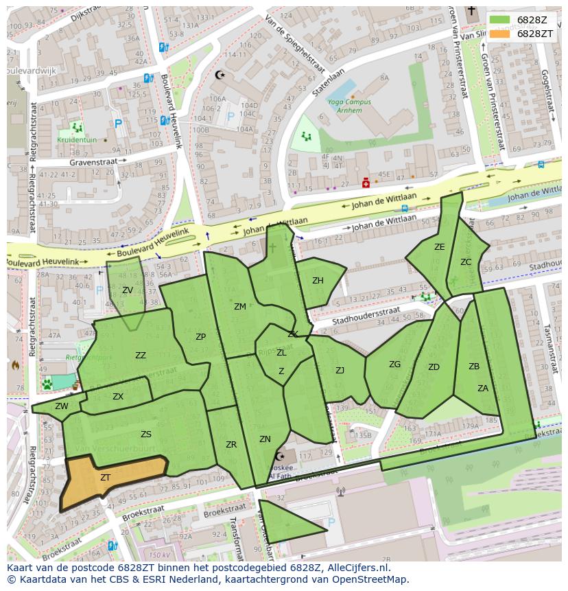 Afbeelding van het postcodegebied 6828 ZT op de kaart.