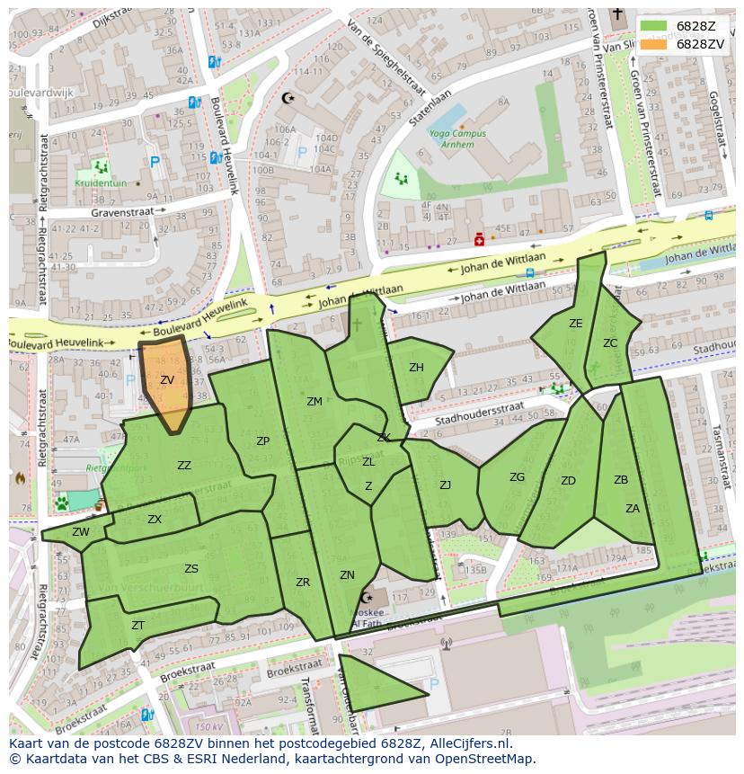Afbeelding van het postcodegebied 6828 ZV op de kaart.