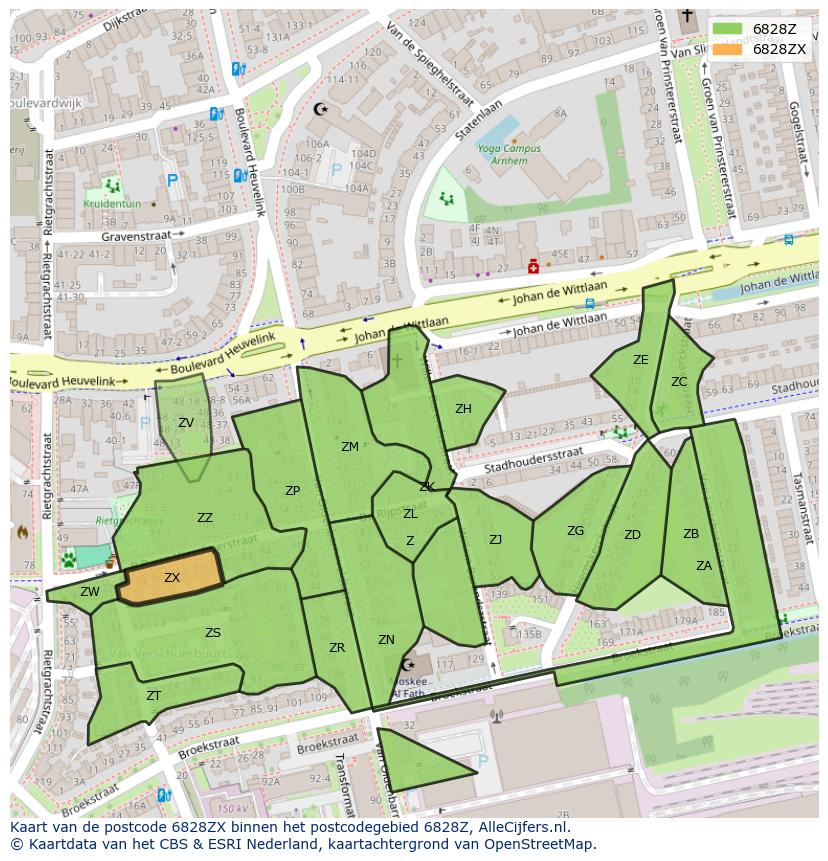Afbeelding van het postcodegebied 6828 ZX op de kaart.