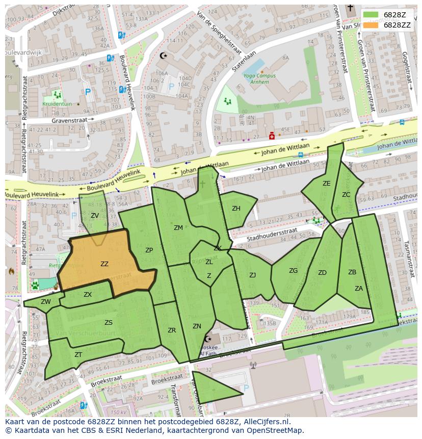 Afbeelding van het postcodegebied 6828 ZZ op de kaart.