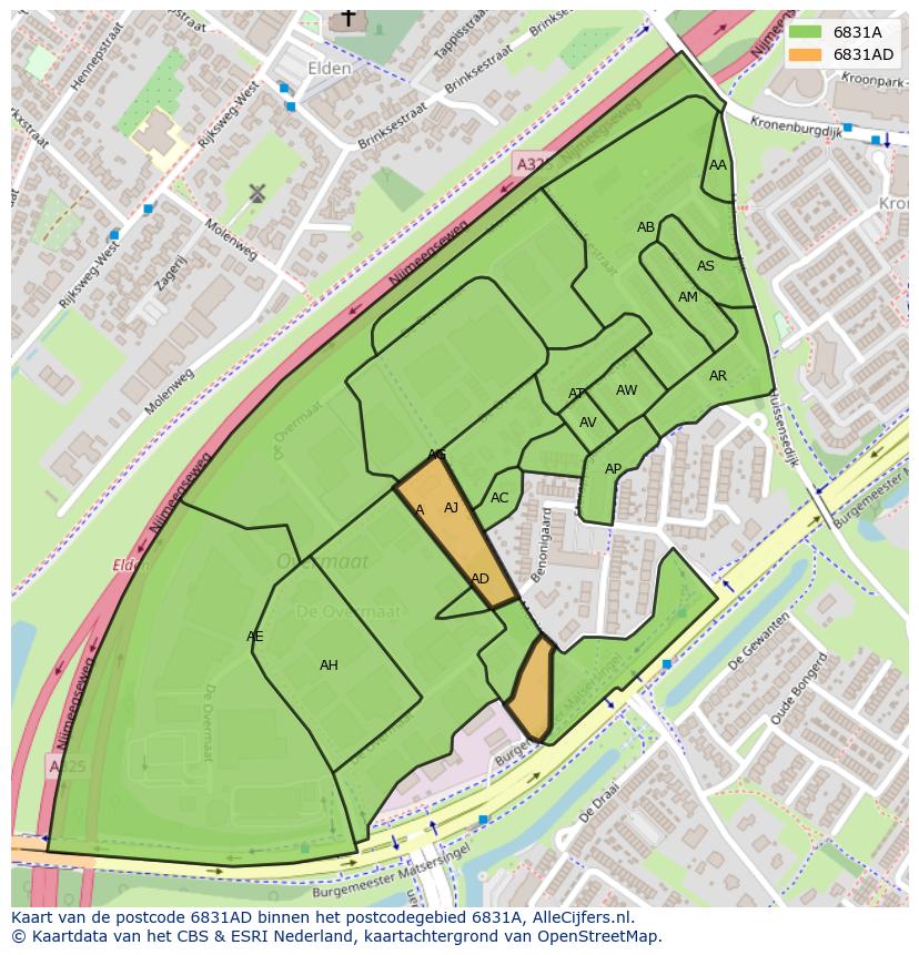Afbeelding van het postcodegebied 6831 AD op de kaart.