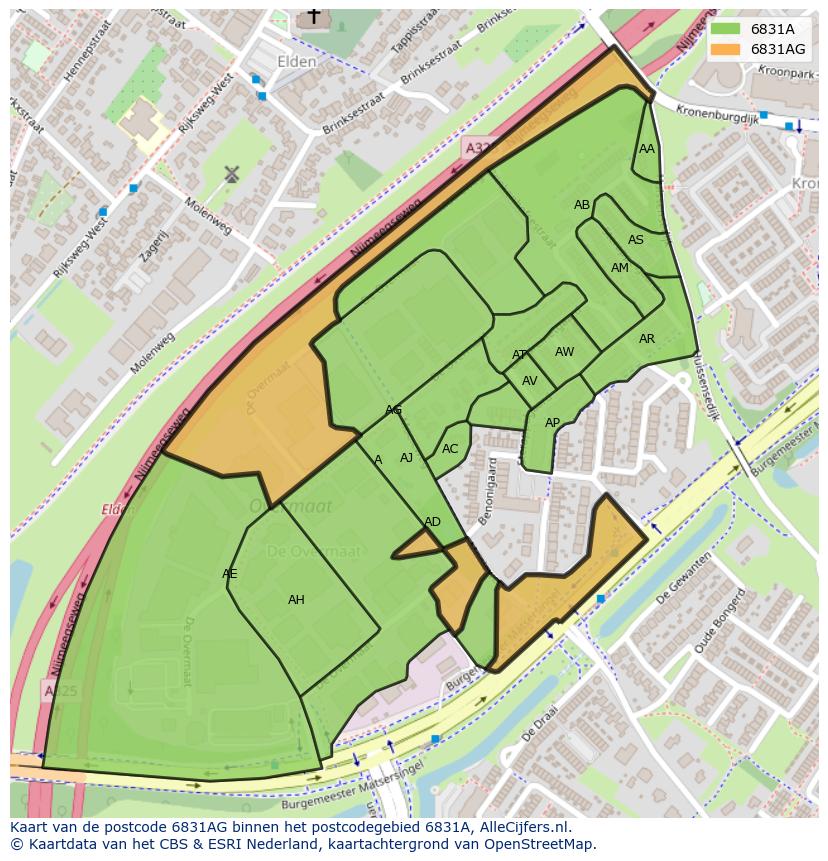 Afbeelding van het postcodegebied 6831 AG op de kaart.