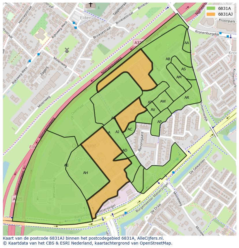 Afbeelding van het postcodegebied 6831 AJ op de kaart.