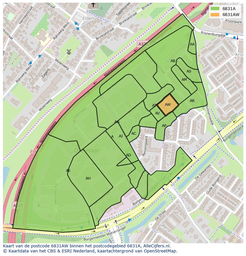 Afbeelding van het postcodegebied 6831 AW op de kaart.