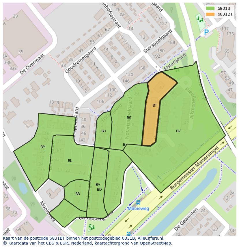 Afbeelding van het postcodegebied 6831 BT op de kaart.
