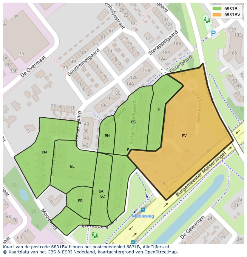 Afbeelding van het postcodegebied 6831 BV op de kaart.