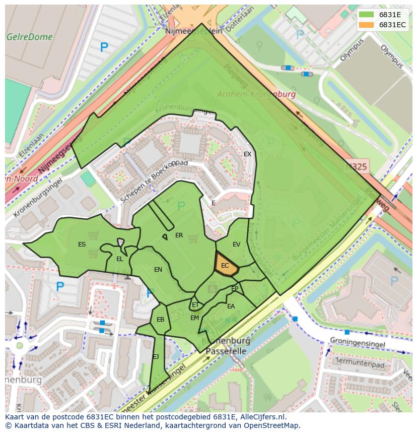 Afbeelding van het postcodegebied 6831 EC op de kaart.