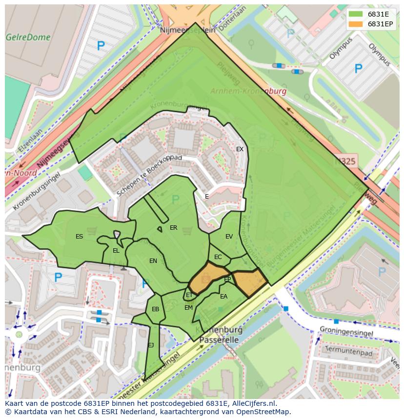 Afbeelding van het postcodegebied 6831 EP op de kaart.