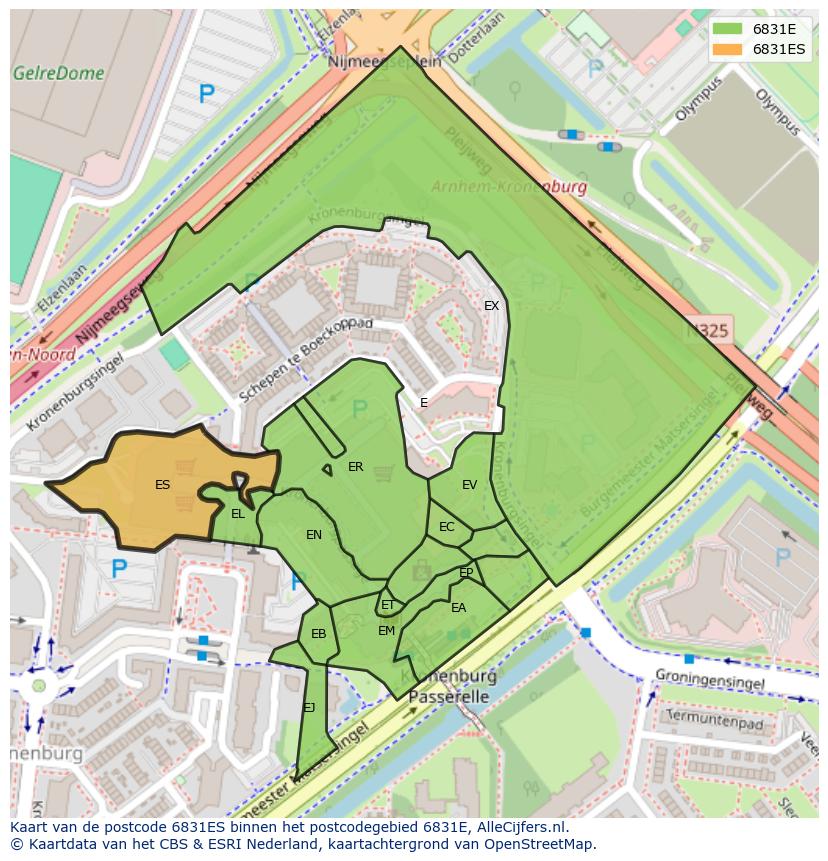 Afbeelding van het postcodegebied 6831 ES op de kaart.