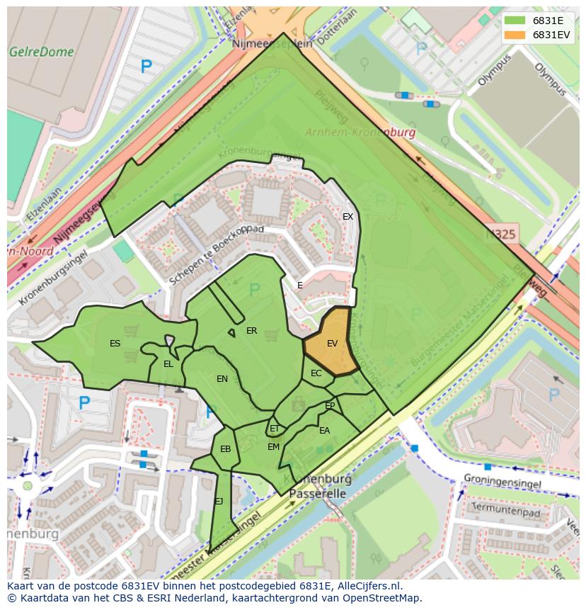Afbeelding van het postcodegebied 6831 EV op de kaart.