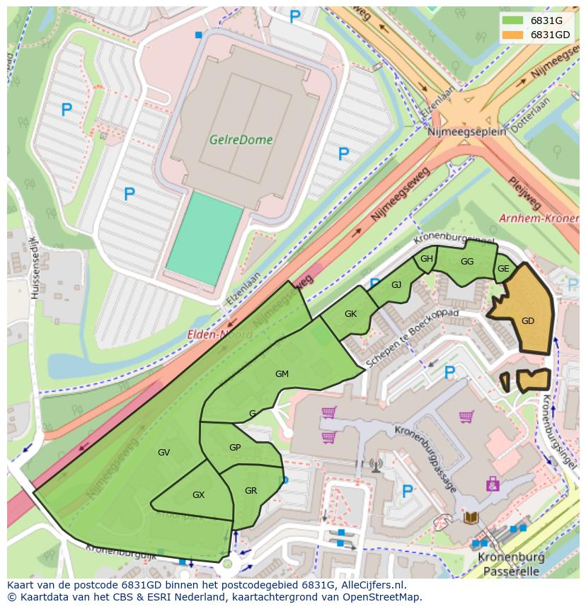 Afbeelding van het postcodegebied 6831 GD op de kaart.