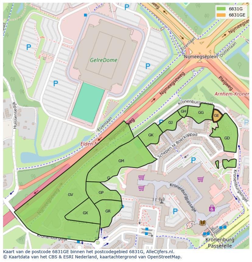 Afbeelding van het postcodegebied 6831 GE op de kaart.