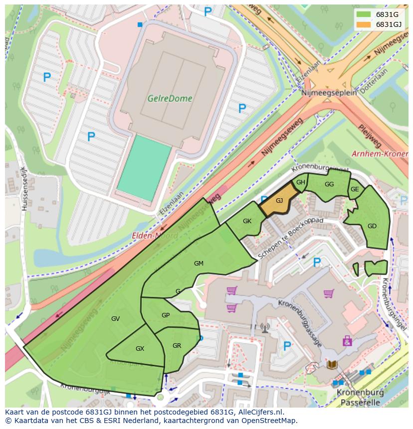 Afbeelding van het postcodegebied 6831 GJ op de kaart.