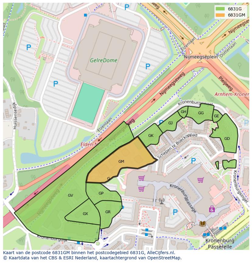 Afbeelding van het postcodegebied 6831 GM op de kaart.