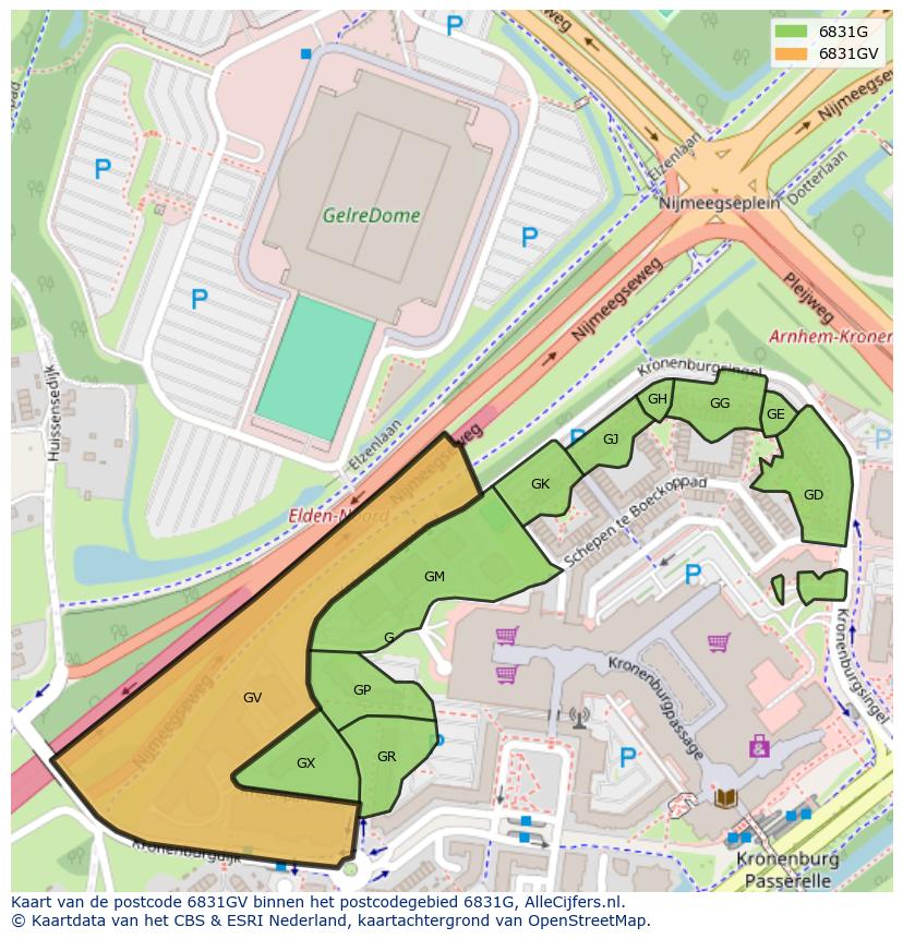 Afbeelding van het postcodegebied 6831 GV op de kaart.
