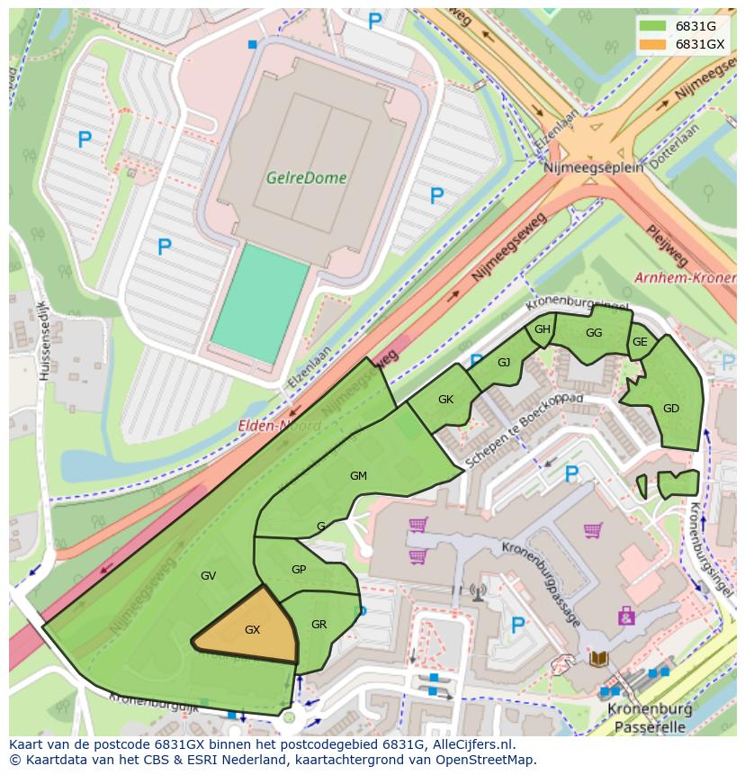 Afbeelding van het postcodegebied 6831 GX op de kaart.
