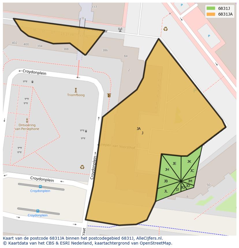 Afbeelding van het postcodegebied 6831 JA op de kaart.