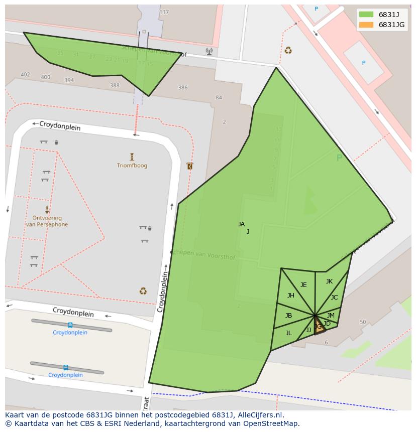 Afbeelding van het postcodegebied 6831 JG op de kaart.