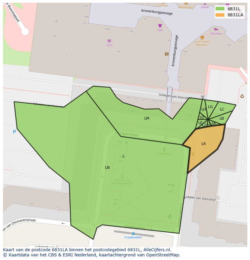 Afbeelding van het postcodegebied 6831 LA op de kaart.