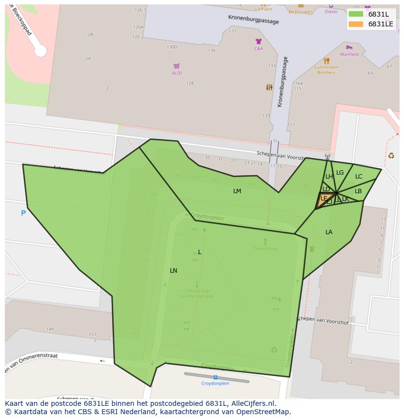 Afbeelding van het postcodegebied 6831 LE op de kaart.
